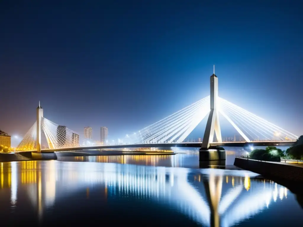 Silueta iluminada del Puente de la Mujer en la noche brumosa y luna llena de Buenos Aires