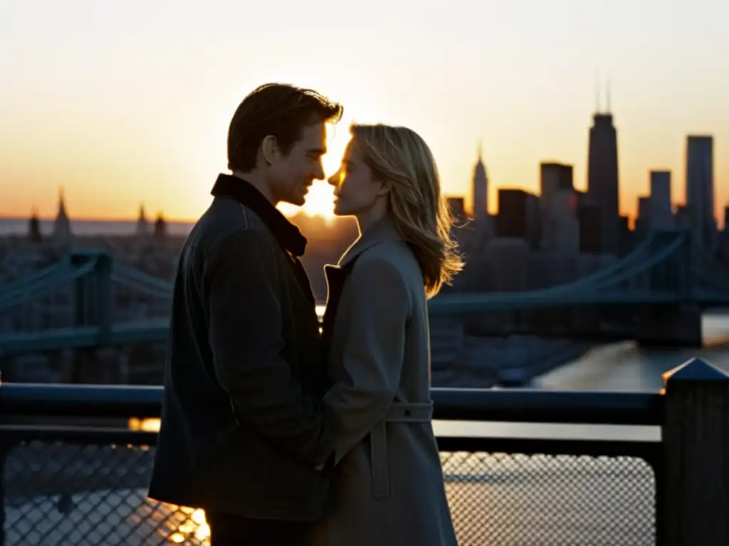 Siluetas en el puente icónico de 'Before Sunrise', bañadas en luz, expresando despedida y nostalgia cinematográfica