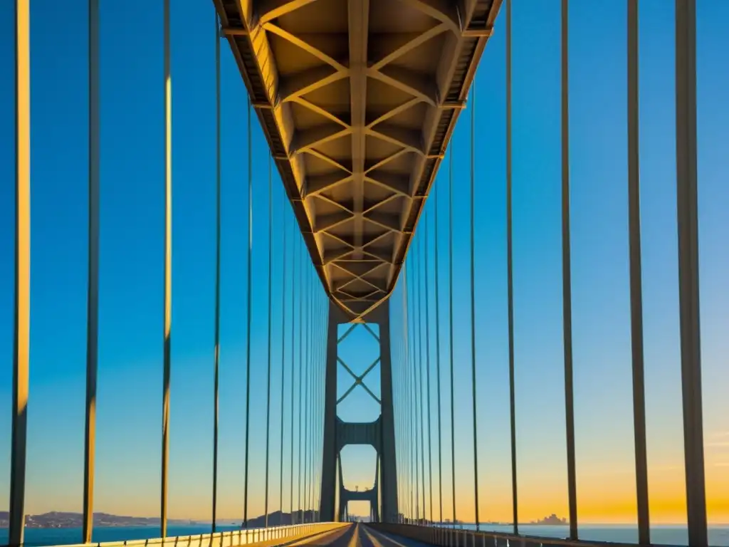 Ingeniería sísmica puente Bahía San Francisco: Intrincados cables de acero del Bay Bridge, bañados en cálido sol dorado