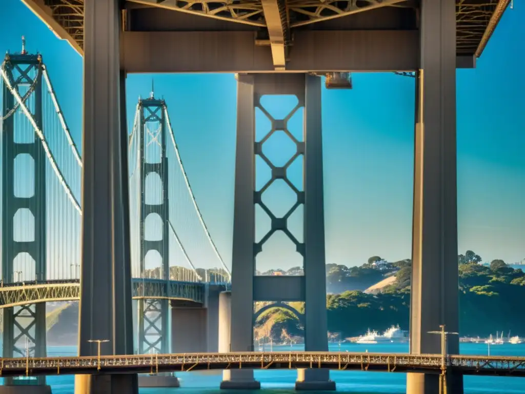 Ingeniería sísmica puente Bahía San Francisco: Intrincada red de cables y vigas de acero bajo el puente, destacando su impresionante diseño estructural