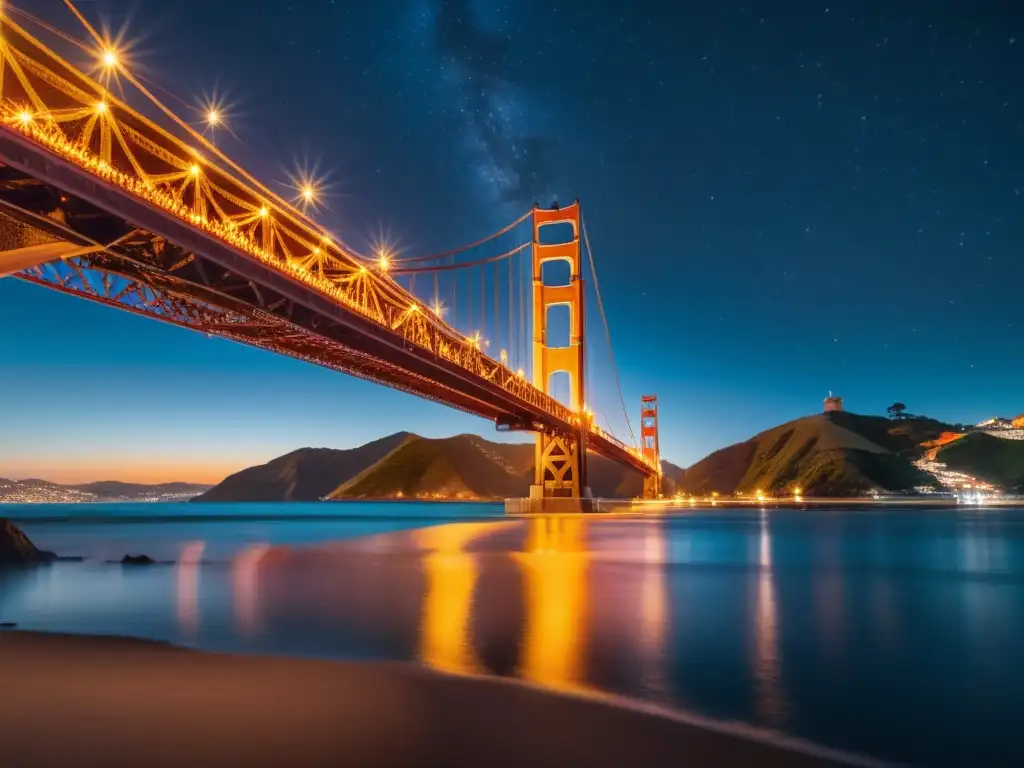 Sistema de iluminación que realza la belleza del icónico puente Golden Gate en la noche, con luces brillantes sobre el agua