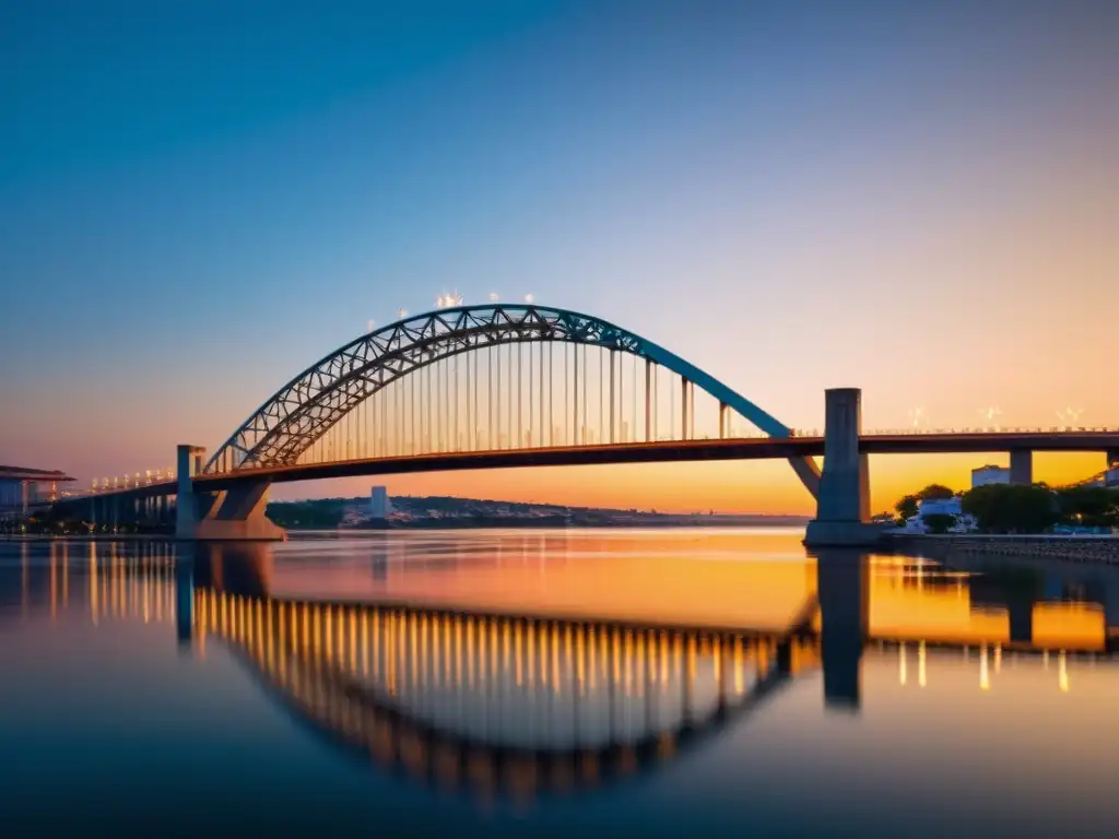 Sistema de monitoreo en puentes icónicos: Puente moderno sobre río al atardecer, iluminado con cálidos colores y detalles tecnológicos