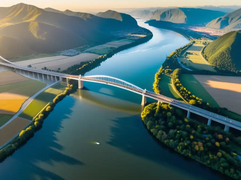 Sistema de monitoreo en puentes icónicos: Puente majestuoso sobre río al atardecer, reflejando historia, tecnología y seguridad