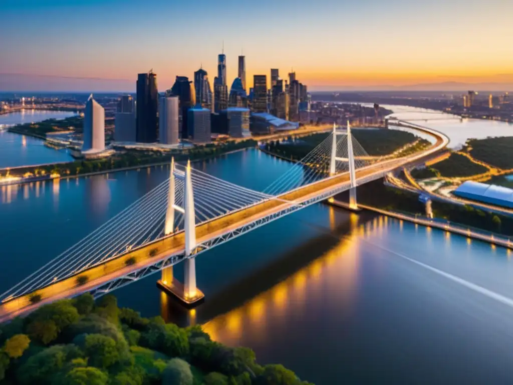 Sistema de monitoreo en puentes icónicos: Puente moderno sobre río, atardecer dorado y paisaje vibrante