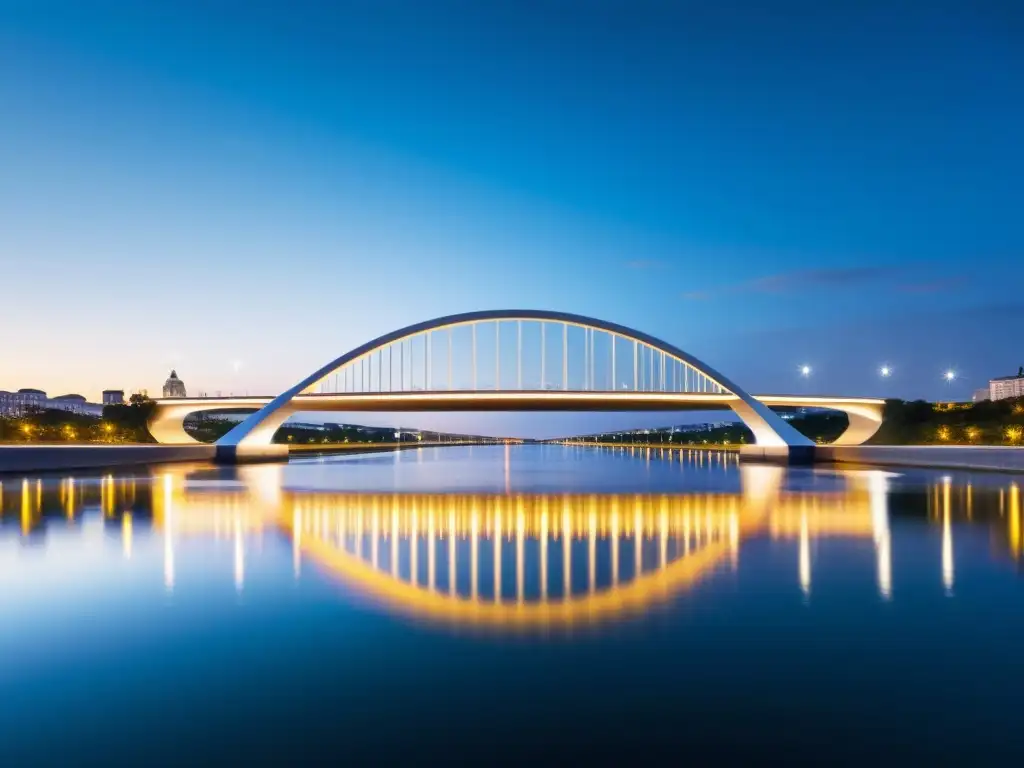 Sistemas de monitoreo en puentes icónicos: Puente futurista sobre río, iluminado por luces de la ciudad, con tecnología integrada de forma elegante