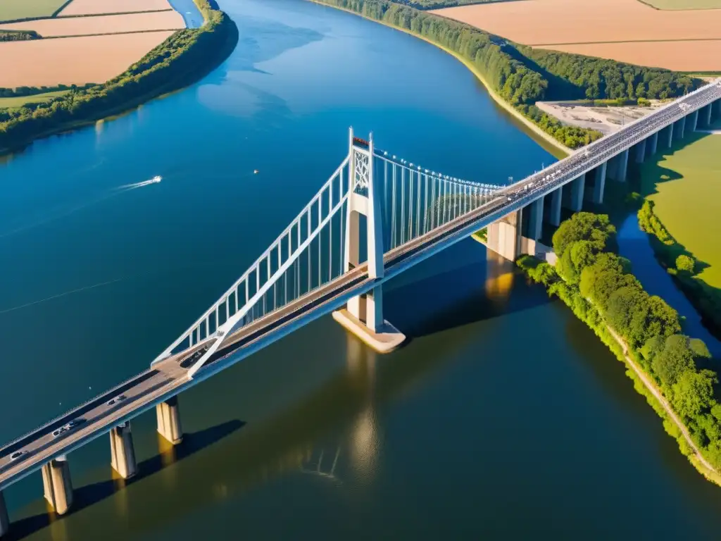 Sistemas de monitoreo en puentes icónicos: Vista aérea de un puente majestuoso sobre un río, destacando su arquitectura y tecnología