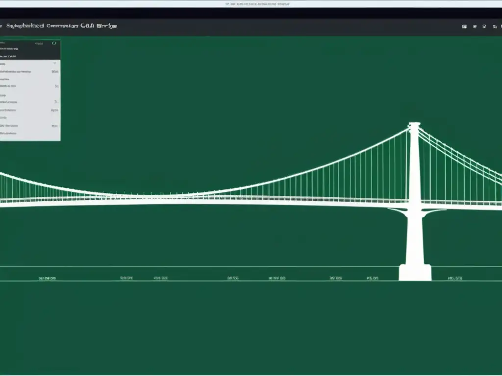 Un software de diseño avanzado de puentes colgantes muestra una detallada maqueta 3D e interfaz moderna y sofisticada