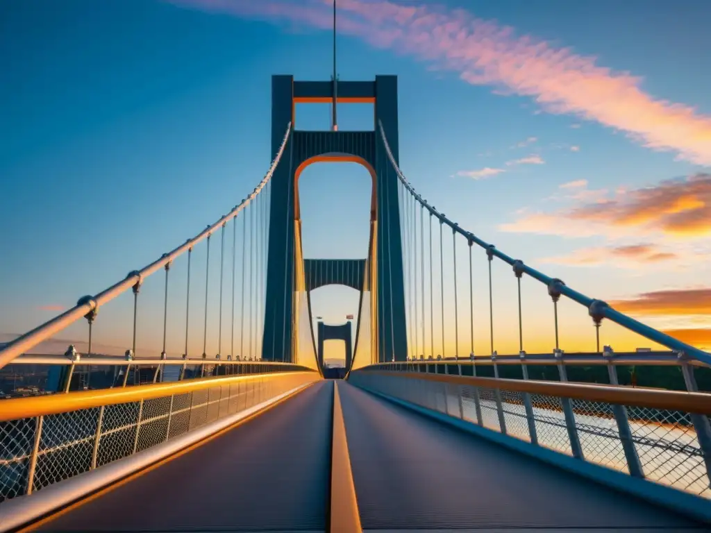 Software de simulación para ingeniería de puentes: imagen impactante de un puente moderno al atardecer, resaltando su diseño y detalles arquitectónicos