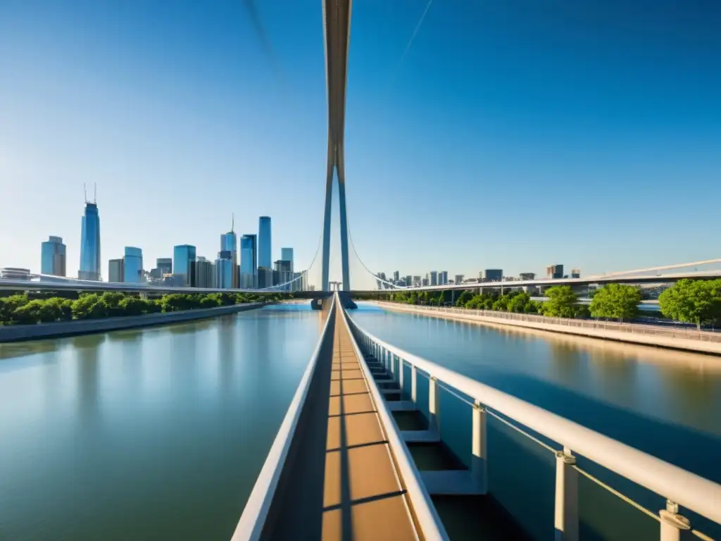 Software de simulación de puentes de ingeniería: Un puente moderno se alza sobre un río, con detalles arquitectónicos y reflejos de luz solar