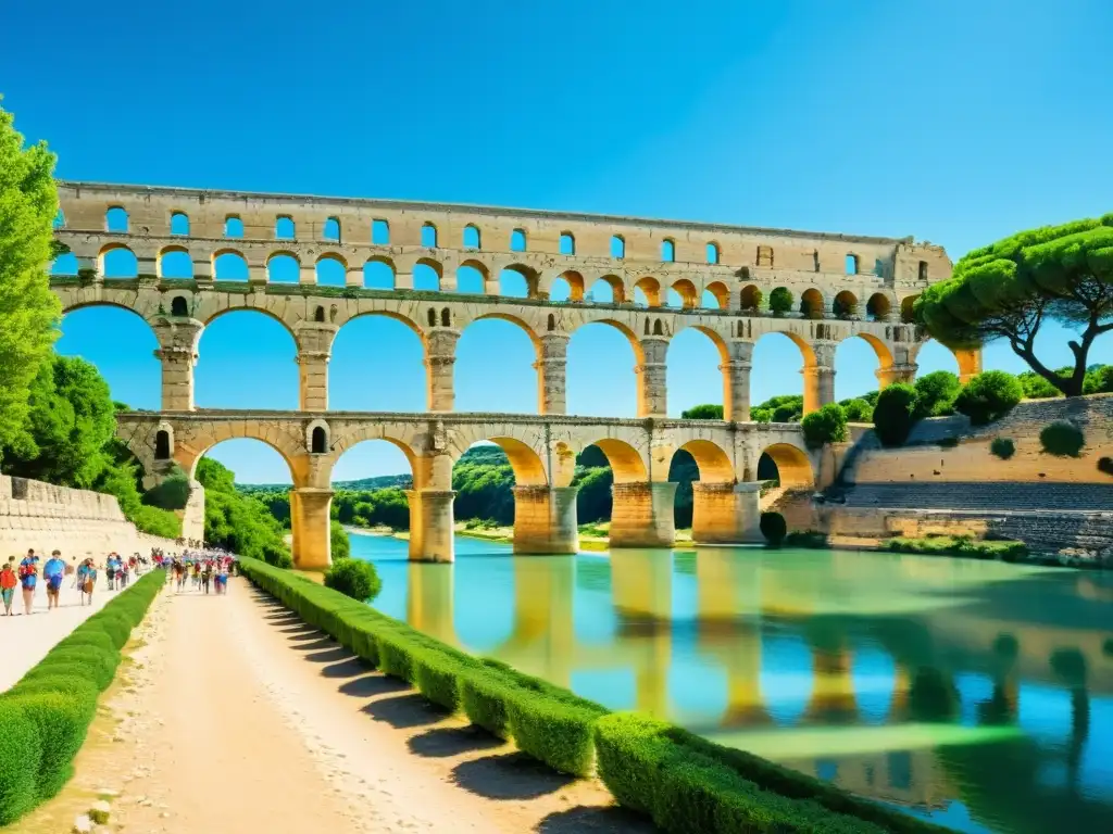 El sol ilumina el antiguo acueducto romano Pont du Gard, con visitantes explorando el sitio