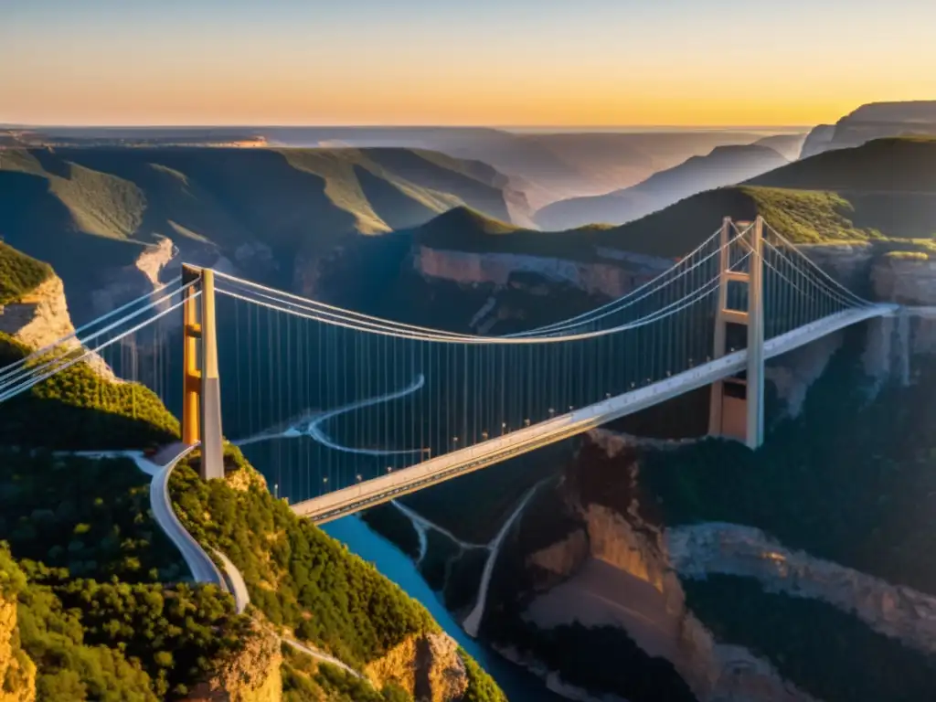 El sol se pone detrás del imponente Puente Baluarte, resaltando su diseño moderno en contraste con el paisaje natural