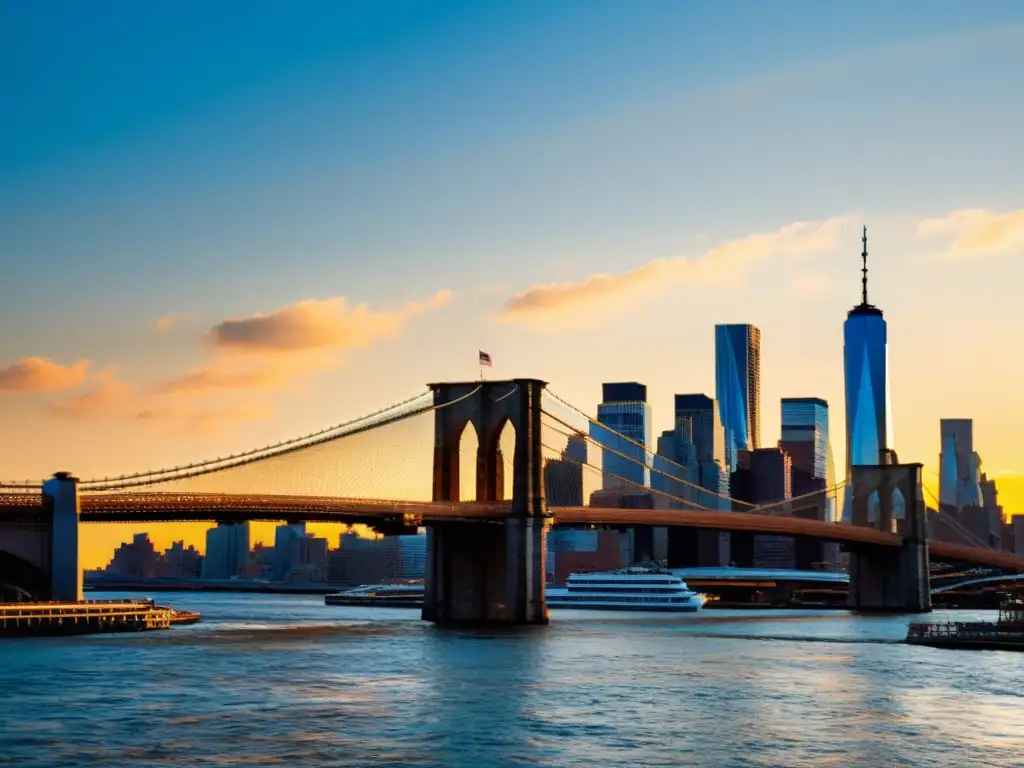 El sol se pone detrás del Puente de Brooklyn, iluminando el icónico puente y la silueta de la ciudad de Nueva York