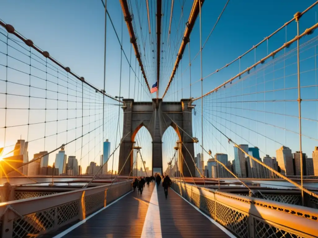 El sol dorado ilumina el icónico Puente de Brooklyn al atardecer, resaltando su impacto cultural en la ciudad