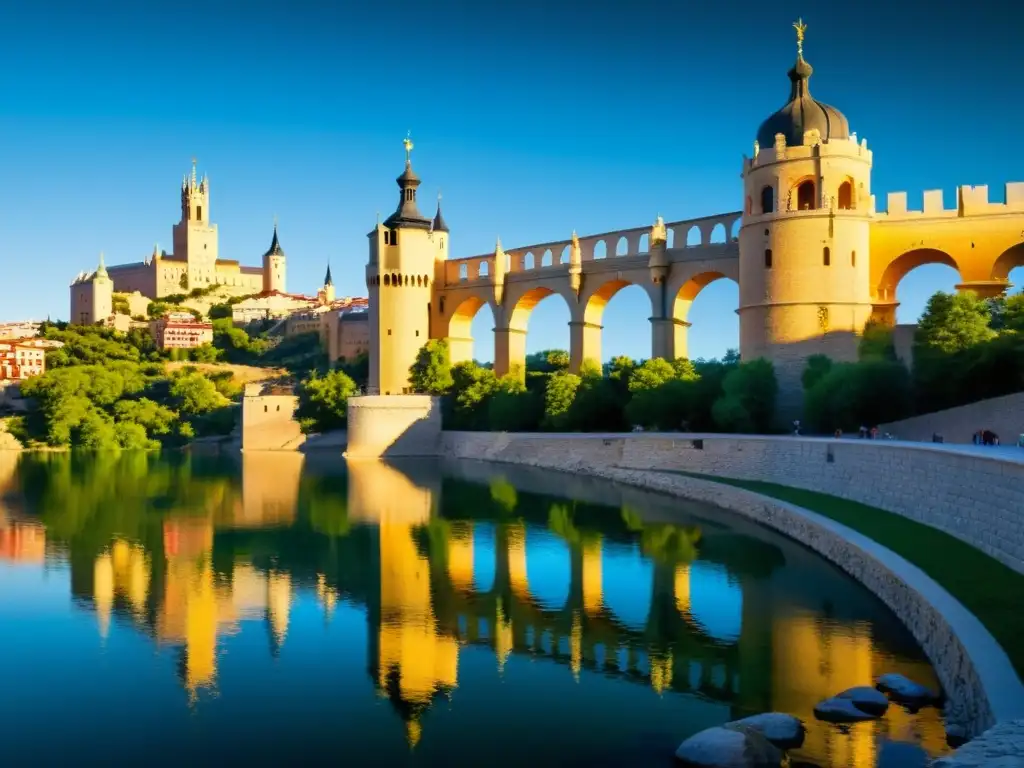 El sol dorado ilumina el Puente de Segovia en Madrid, puente renacentista con arcos elegantes sobre el río Manzanares