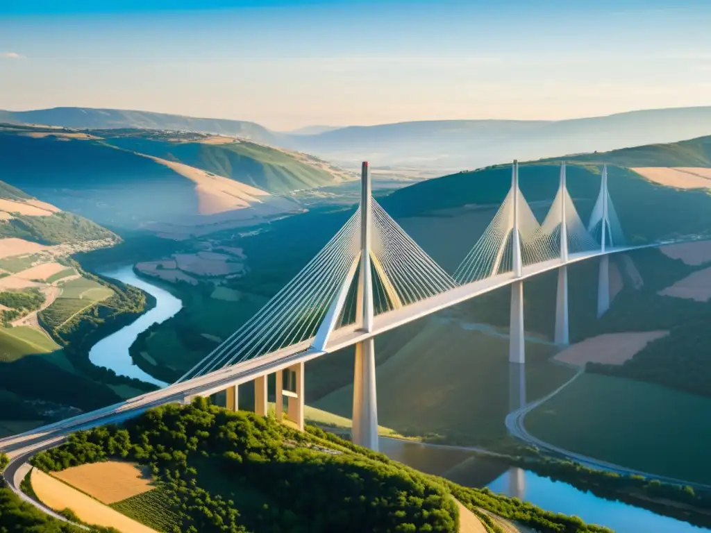 El sol se pone tras el elegante Viaducto de Millau, resaltando su diseño innovador