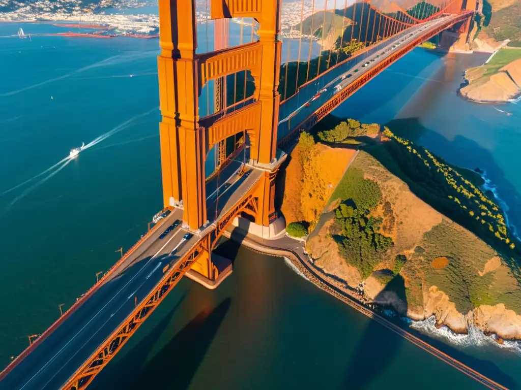 El sol se pone sobre el icónico puente Golden Gate en San Francisco, creando una atmósfera cálida y majestuosa