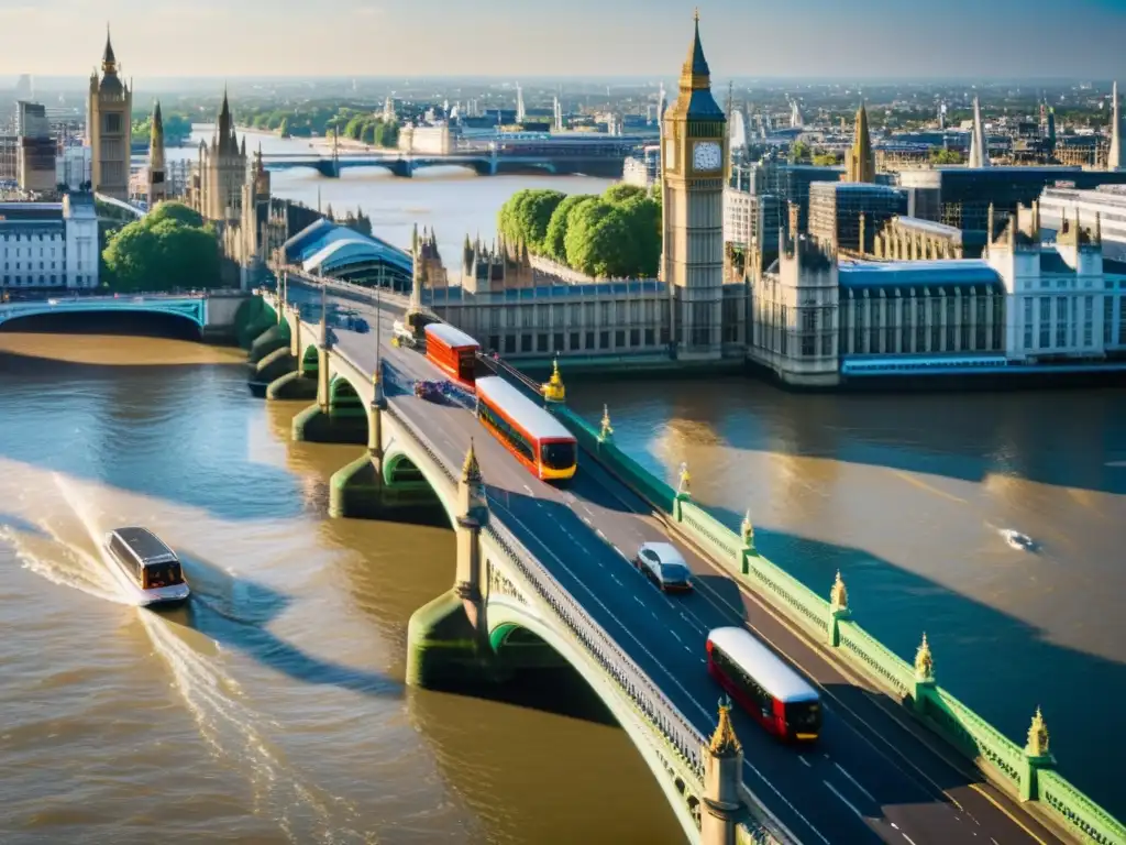 El sol brilla sobre el icónico Puente de Westminster, resaltando su belleza histórica y la vida de la ciudad