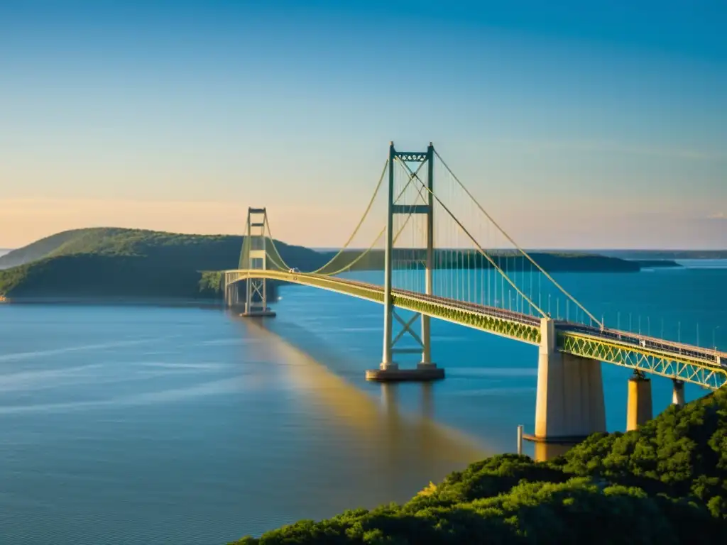 El sol ilumina el majestuoso Puente Bahía Chesapeake, con sus cables y agua dorada, creando una panorámica impresionante