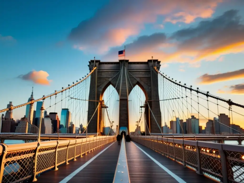 El sol se pone sobre el Puente de Brooklyn, con sus cables de acero y torres de piedra destacándose contra el cielo colorido