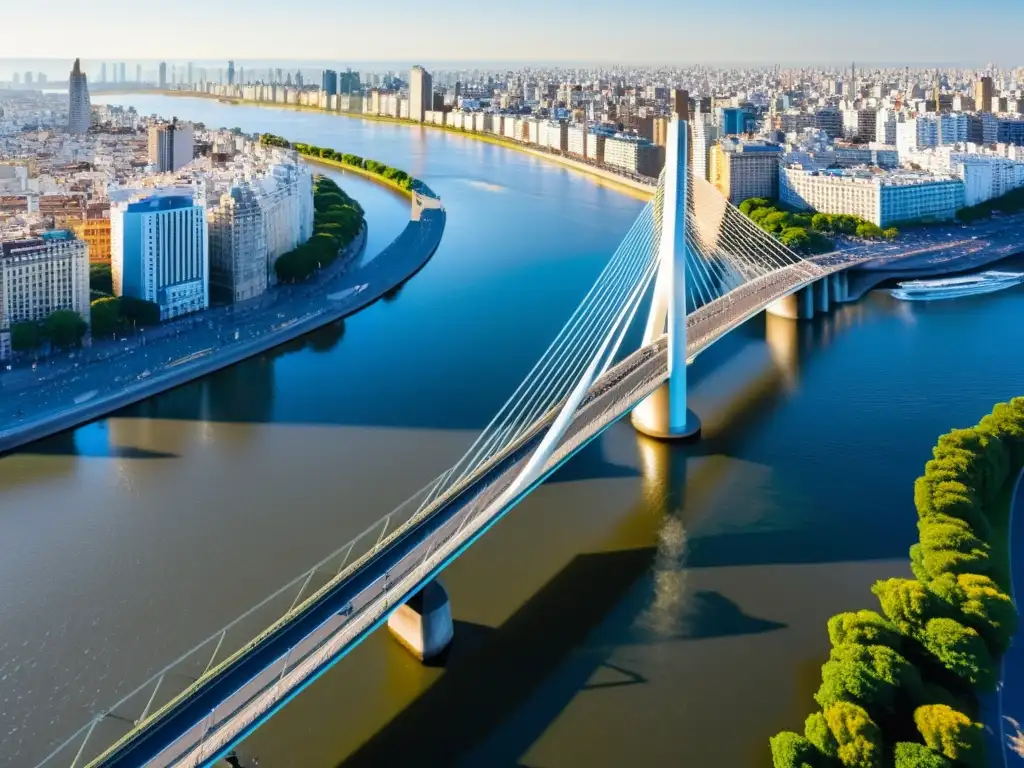 El sol ilumina el Puente de la Mujer Buenos Aires, destacando su diseño moderno frente al horizonte de la ciudad