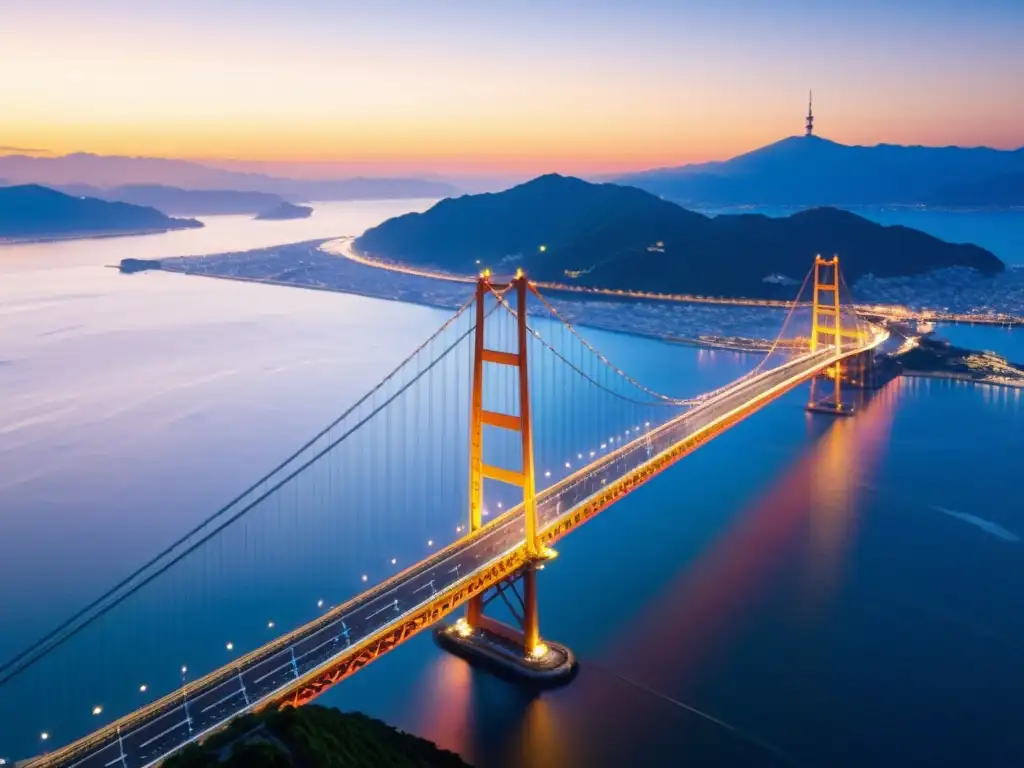 Sostenibilidad en construcción de puentes: Majestuoso puente Akashi Kaikyo bañado por la luz del atardecer sobre el resplandeciente estrecho de Akashi