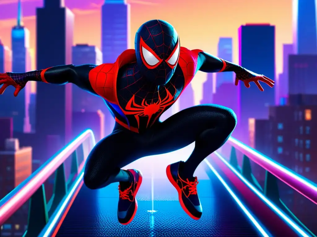 SpiderMan: Into the SpiderVerse - Miles Morales en su traje de SpiderMan saltando del icónico puente de Brooklyn Visions Academy