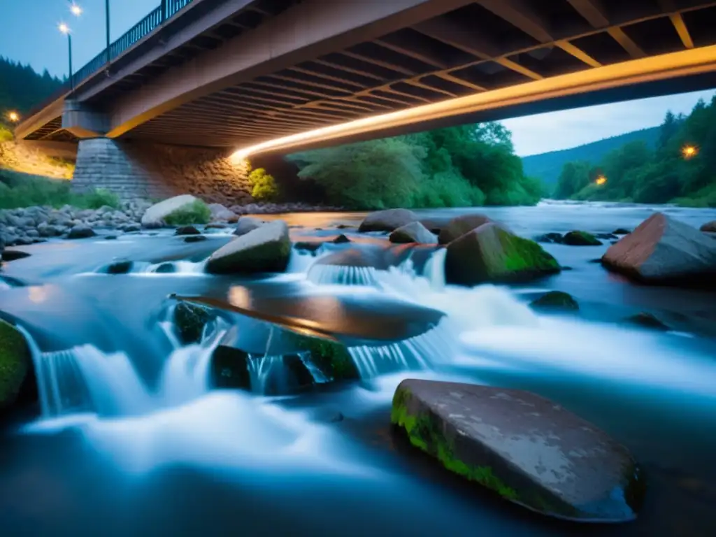 Fotografía de larga exposición capturando la suave cascada del río bajo el puente al anochecer, con una atmósfera mágica y dinámica