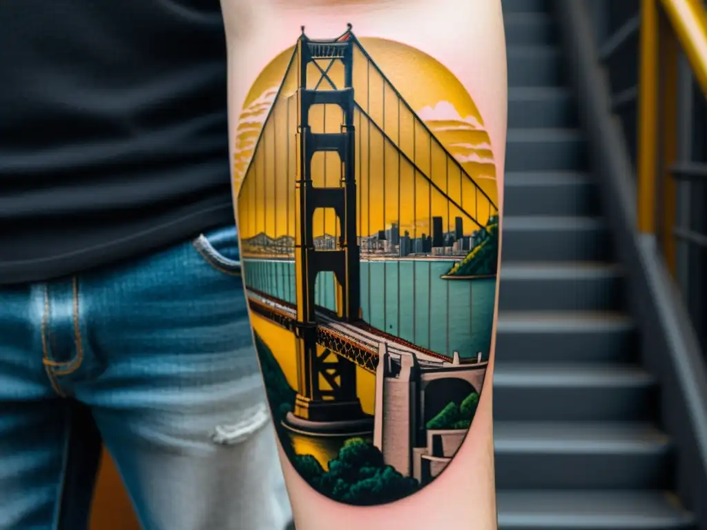 Un tatuaje increíblemente detallado del Puente Golden Gate en blanco y negro, con una impresionante precisión y realismo