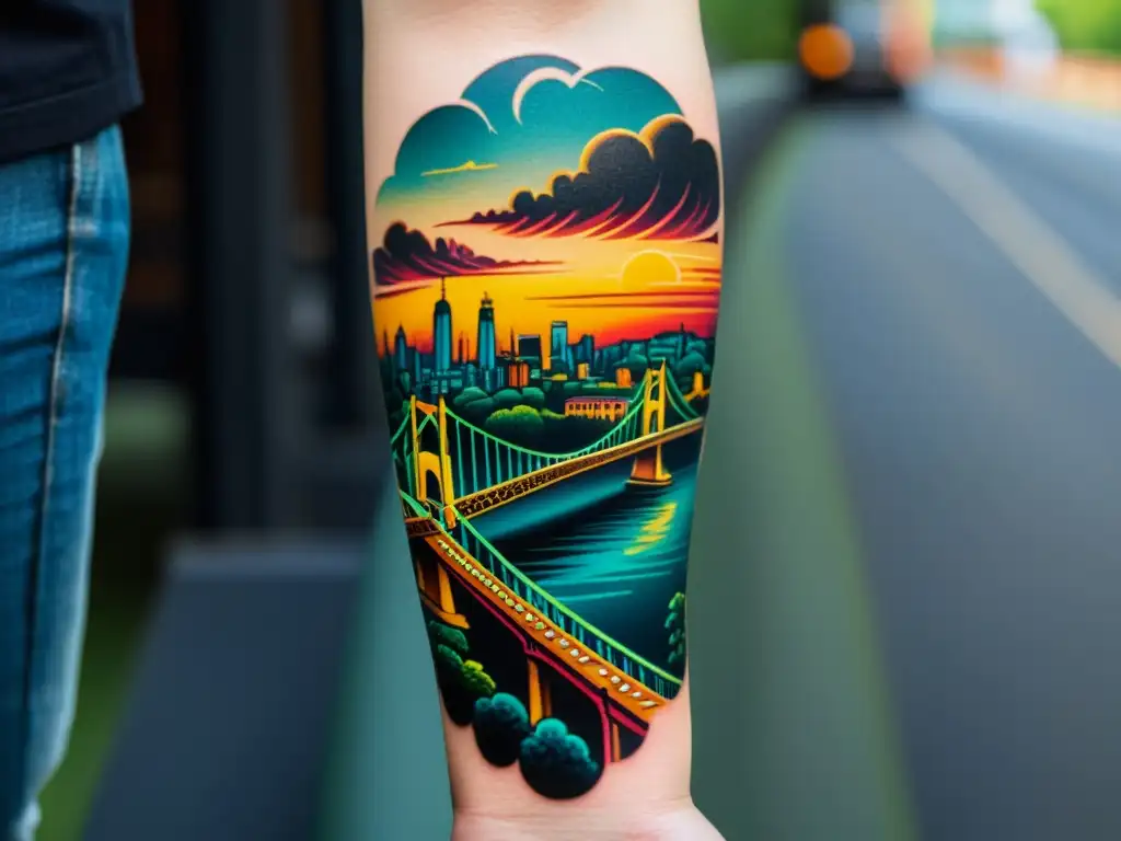 Tatuaje detallado de un puente icónico en el antebrazo, con colores vibrantes y realismo tridimensional