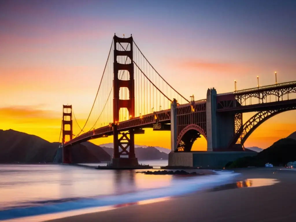 Técnicas avanzadas de fotografía capturando la majestuosidad del Puente Golden Gate al anochecer, reflejando su icónico diseño en el agua tranquila