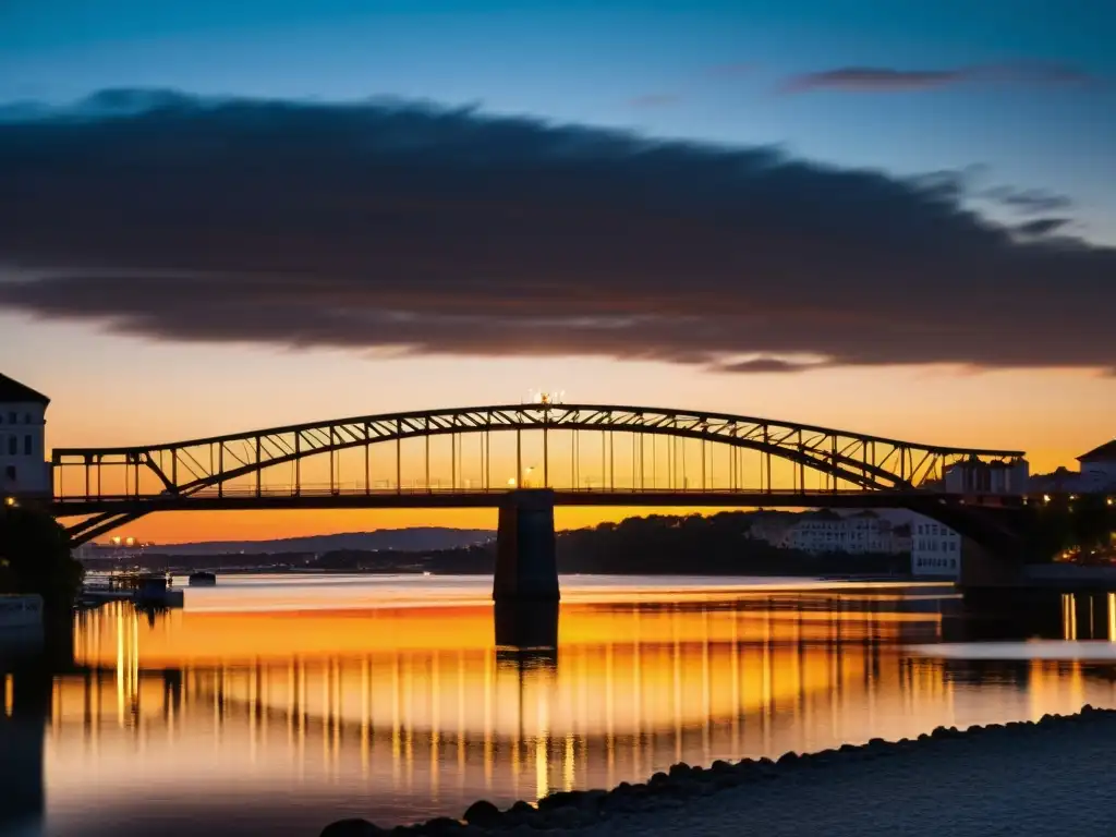 Técnicas avanzadas de fotografía capturando la majestuosidad de un puente icónico al atardecer, con luces cálidas y colores vibrantes reflejados en el agua