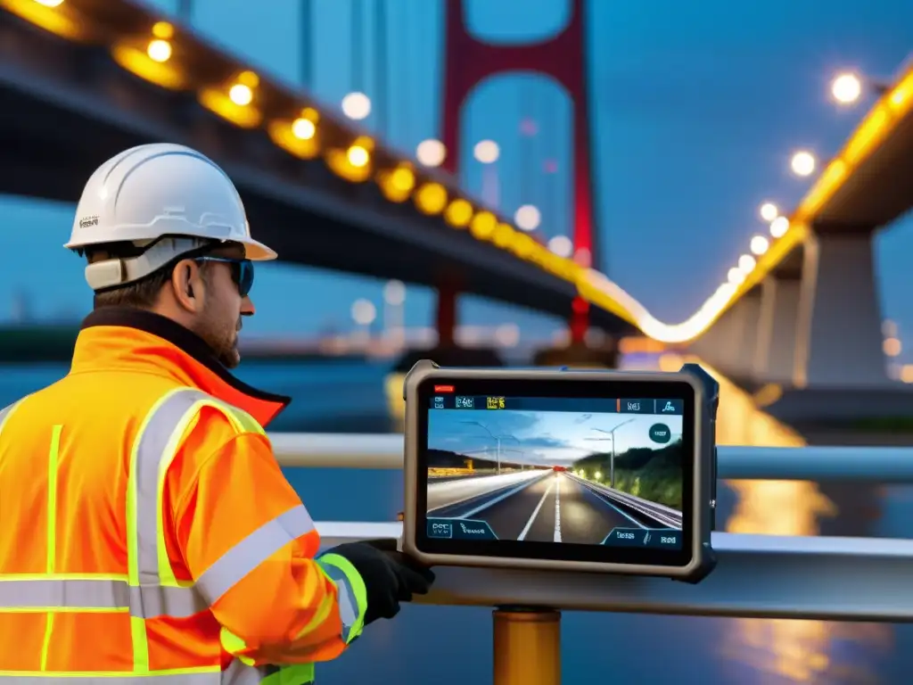 Un técnico usa herramienta de monitoreo en un puente moderno, resaltando la precisión y complejidad del proceso