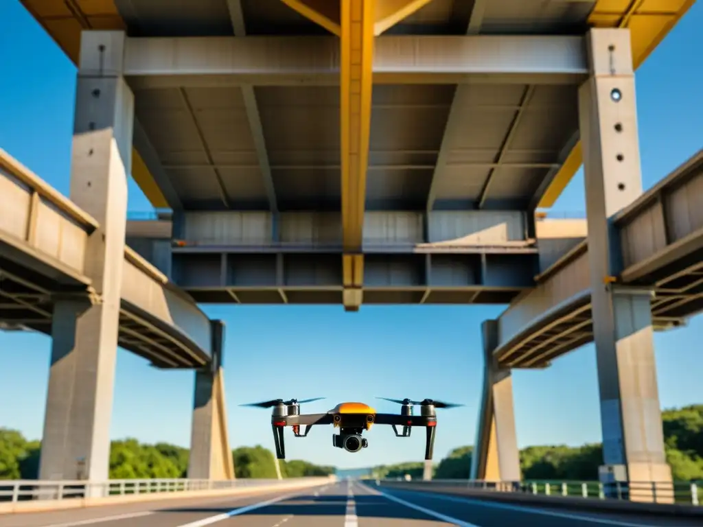 Inspección de puente: drone de alta tecnología en acción Tecnología de drones avanzada inspeccionando detalladamente el puente desde el aire, mostrando su sofisticación en la evaluación de estructuras