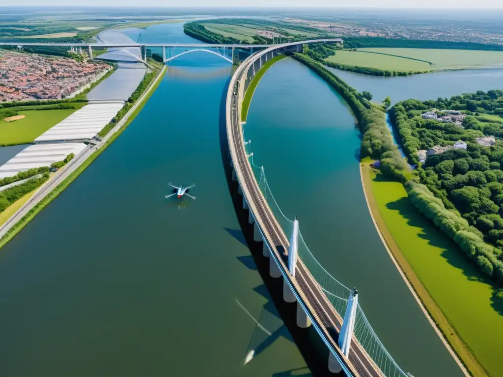 Inspección de puentes con drones: tecnología de vanguardia Tecnología de drones inspeccionando puentes de forma avanzada sobre un amplio río, mostrando precisión y eficiencia