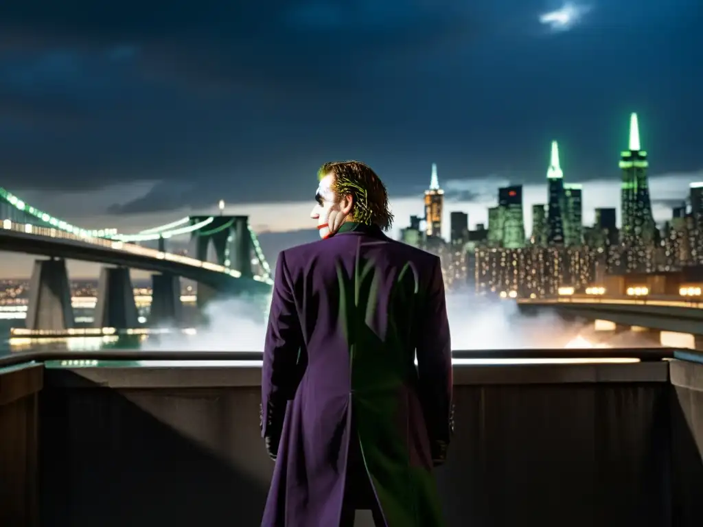 El temible Joker en el puente, con la imponente ciudad de Gotham de fondo