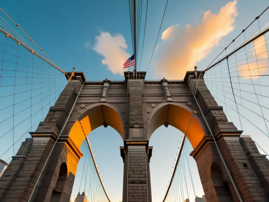 Tour en 3D Puente Brooklyn: Imagen detallada del puente al atardecer, resaltando su majestuoso diseño gótico y la energía de la ciudad