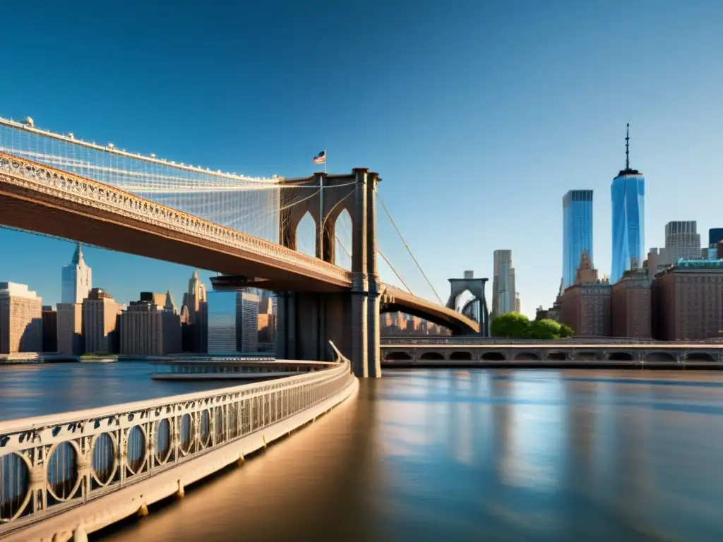 Tour en 3D del majestuoso Puente Brooklyn sobre el East River, con la icónica arquitectura gótica y el horizonte de Nueva York de fondo