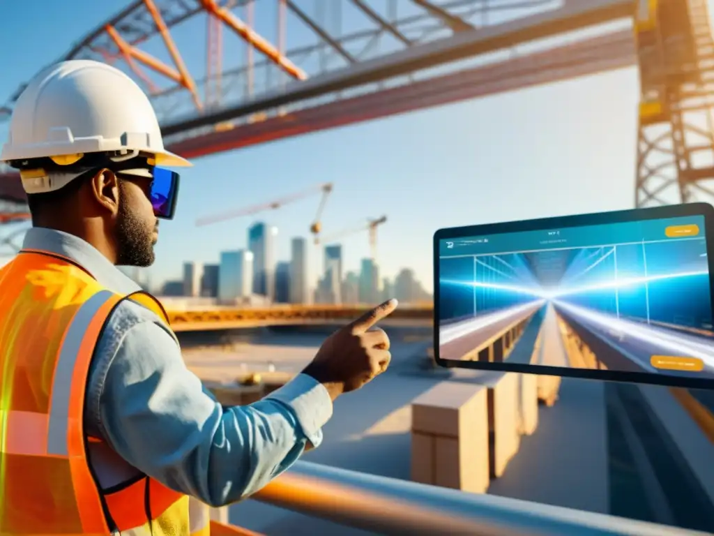 Un trabajador de la construcción usando Realidad Aumentada para visualizar planos digitales en la construcción de un puente