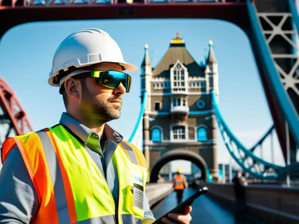 Un trabajador de mantenimiento, usando gafas de realidad aumentada, inspecciona la estructura metálica del Puente de la Torre en Londres