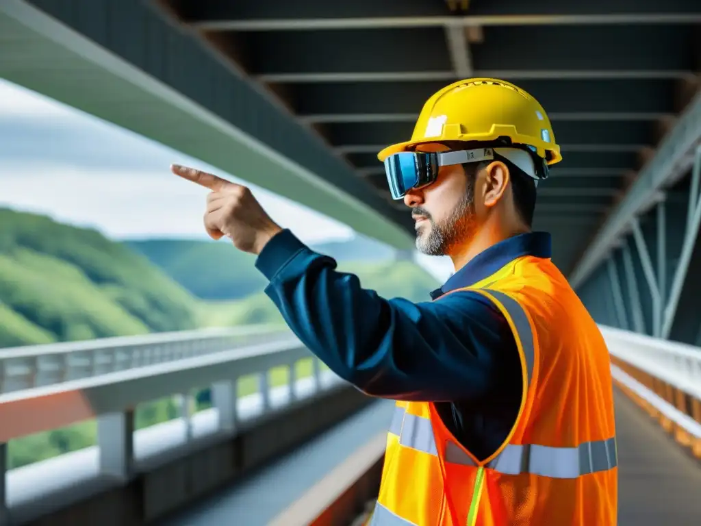 Un trabajador de mantenimiento de puentes inspecciona detalladamente con gafas de realidad aumentada