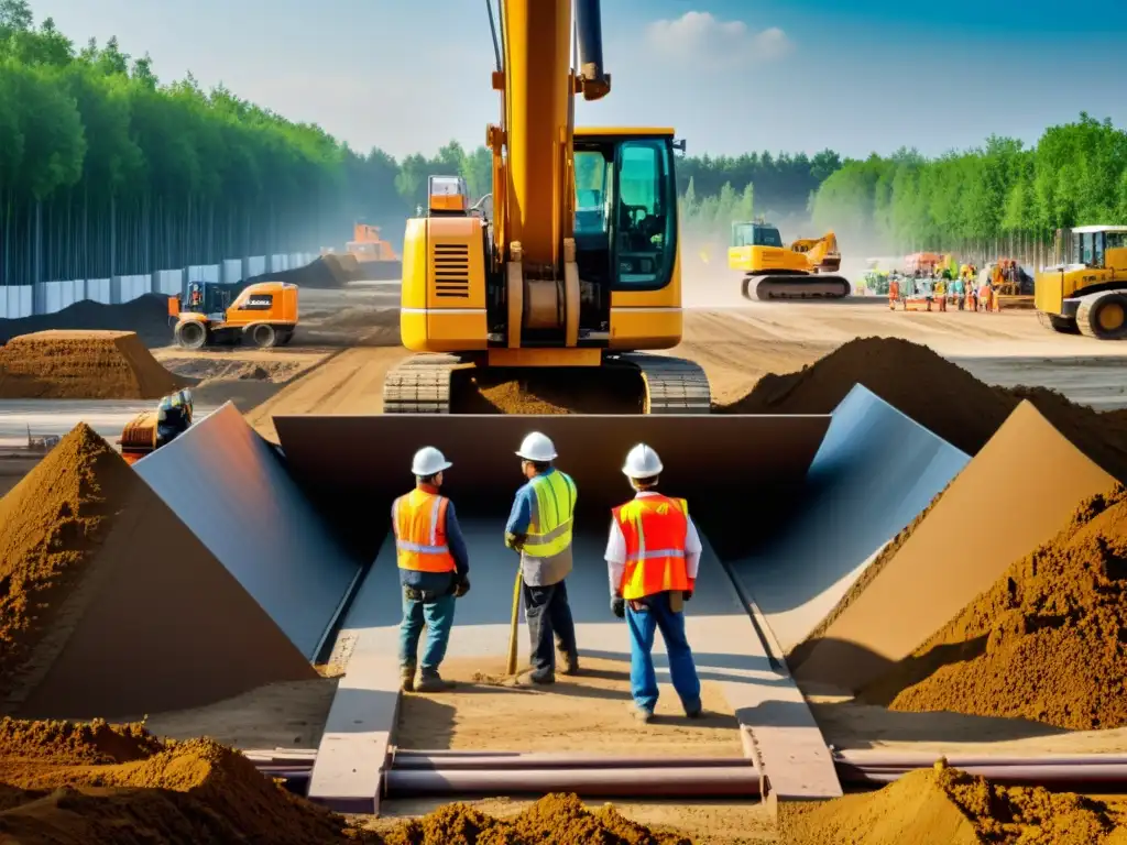 Trabajadores instalan bases y pilotes en construcciones con maquinaria pesada, mostrando profesionalismo y precisión en el proceso de construcción a gran escala