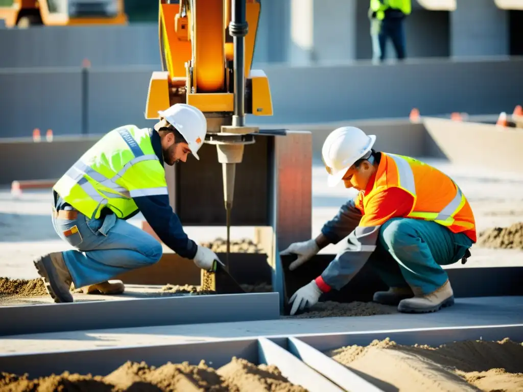 Trabajadores vertiendo concreto en bases y pilotes en construcciones, mostrando precisión y atención al detalle en el proceso de construcción