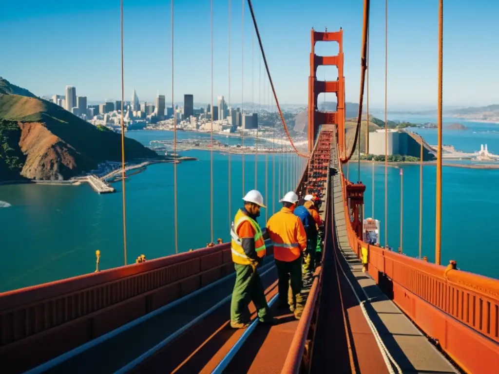 Trabajadores preparando equipos de seguridad en el Puente Golden Gate, Guía para explorar el Puente Golden Gate