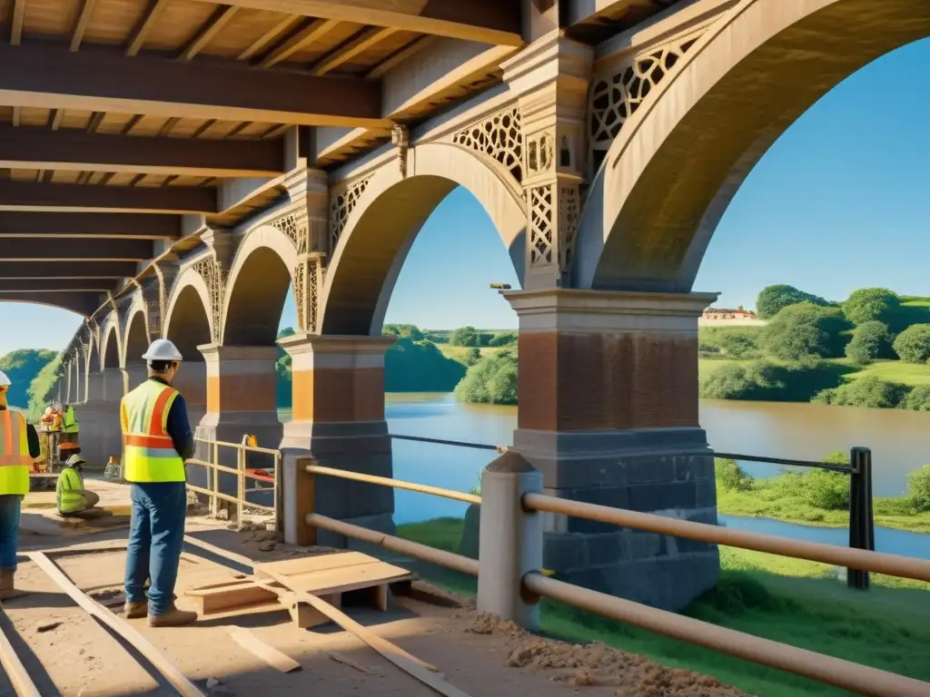 Trabajadores con gafas de realidad aumentada restauran un puente histórico, fusionando la tecnología con técnicas tradicionales