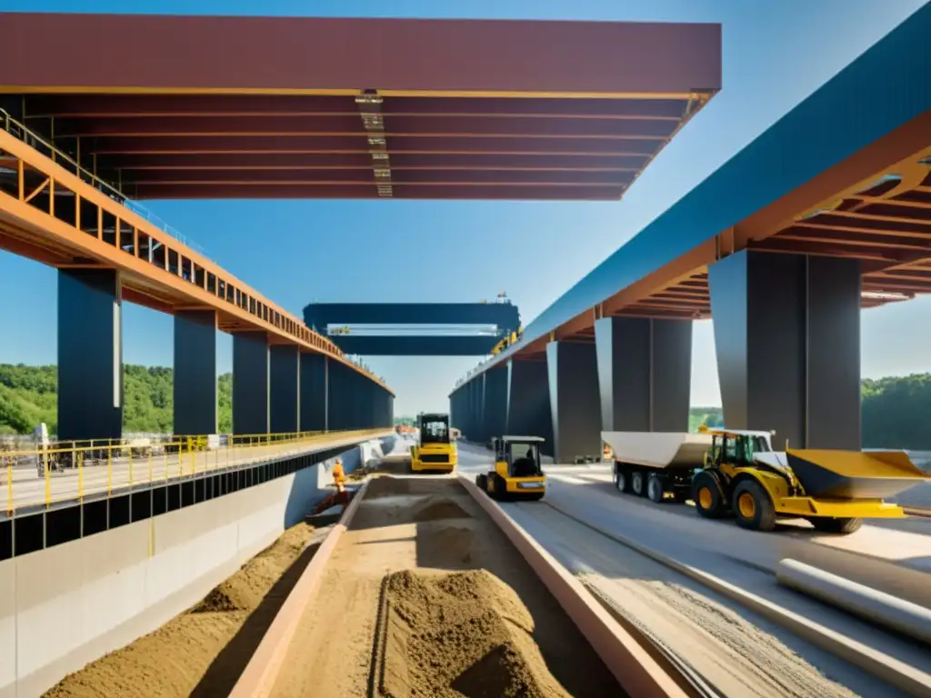 Trabajadores reciclando materiales para construir un puente con tecnologías energéticamente eficientes