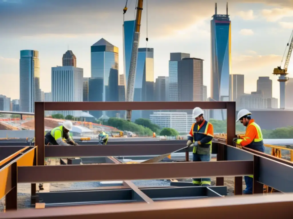 Trabajadores ensamblan diseño metales expandidos para puentes contemporáneos, con chispas volando en la construcción de un puente moderno