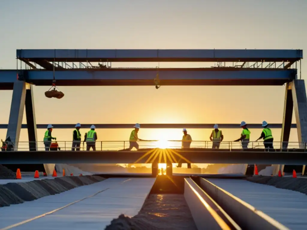 Trabajadores construyendo puente con concreto de cenizas volantes al atardecer