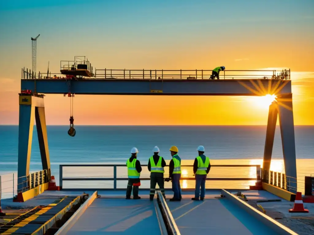 Trabajadores construyendo un puente costero al atardecer