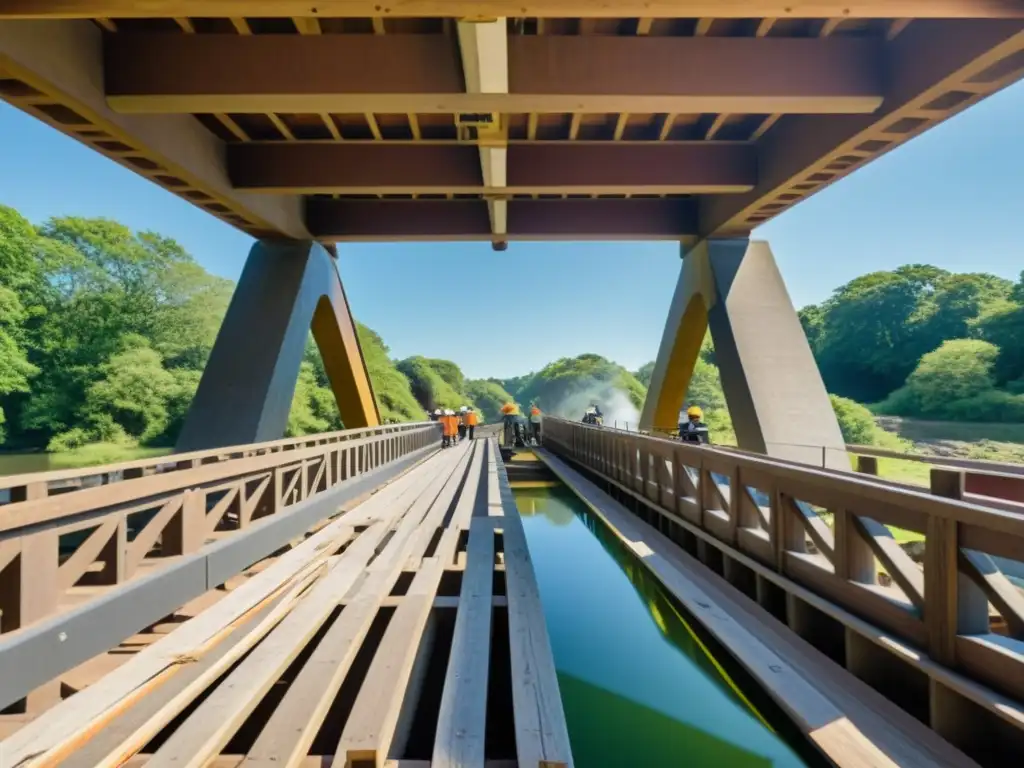 Trabajadores restaurando puente histórico con tecnología de realidad aumentada, fusionando tradición y modernidad