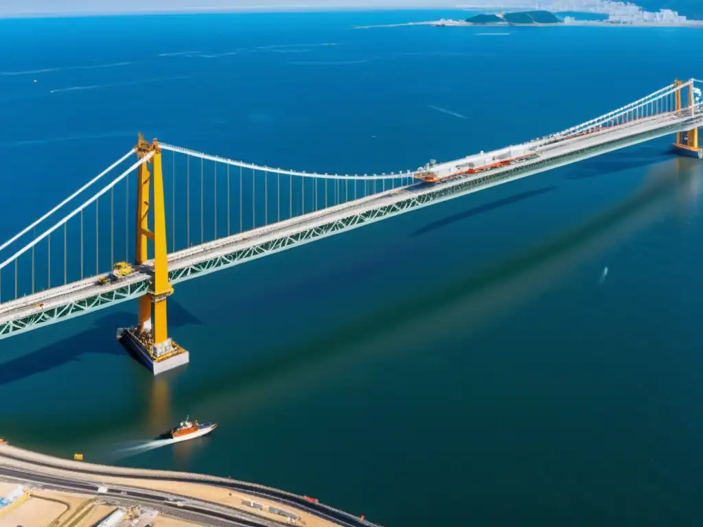 Trabajadores construyendo el Puente Akashi Kaikyō, mostrando el impacto ambiental y la complejidad de la construcción